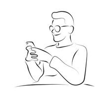 man with eyeglasses using smartphone illustration hand drawn with black lines isolated on white background. vector