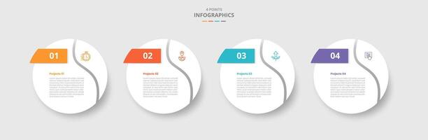 4 points template infographic with big circle swirl curve slice at edge with drop shadow style with four stage list information vector