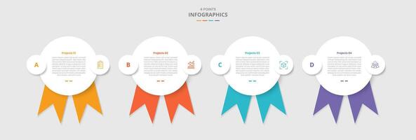 4 points template infographic with big circle and ribbon badge at bottom with drop shadow style with four stage list information vector