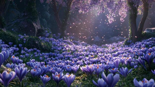 A forest with purple flowers and trees photo