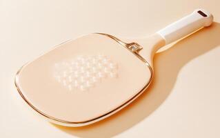 Close-up view of a soft beige pickleball paddle on a light surface photo