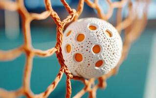 Close-up view of a pickleball net with a ball caught in the mesh during a sunny day at the community court photo