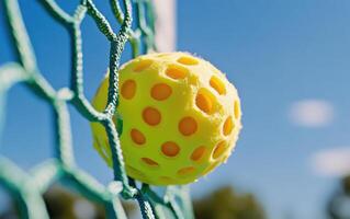 Close-up view of a bright yellow pickleball ball nestled in a net against a clear blue sky in a sunny outdoor setting photo