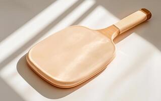 Close-up view of a light beige pickleball paddle resting on a smooth surface in bright sunlight photo