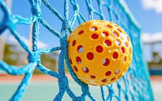 Close-up view of a pickleball net with a yellow ball stuck in the mesh during daylight on a sunny court photo