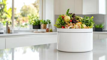 Compost bin filled with food scraps in bright kitchen setting with plants and natural light photo