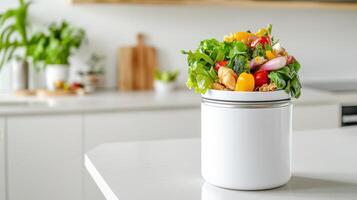 Compost bin filled with fresh food scraps and vegetable trimmings in a modern kitchen setting photo