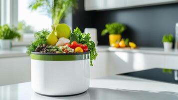 Compost bin filled with fresh food scraps in a bright kitchen during the day photo