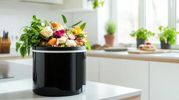 Compost bin filled with fresh vegetable scraps placed in a bright kitchen environment surrounded by herbs photo
