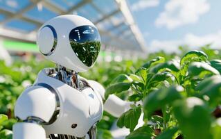 AI robot tending to a thriving indoor farm environment with lush greenery and advanced technology in the background photo