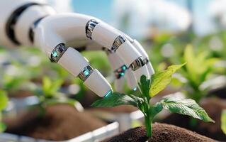 Conceptual representation of an AI robot nurturing plants in a modern agricultural setting during daylight photo