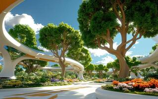 Exploring an innovative AI-powered botanical garden filled with lush greenery and vibrant flowers under a bright blue sky photo