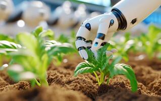 AI robot cultivates plants in a modern agricultural setting to enhance sustainable farming practices photo