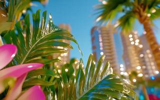 Vibrant tropical scene with lush greenery and towering structures under bright blue sky photo