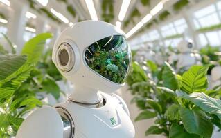 Innovative AI garden with robots cultivating plants in a futuristic greenhouse setting photo