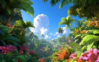 Vibrant prehistoric landscape with lush foliage and dramatic skies at dawn photo