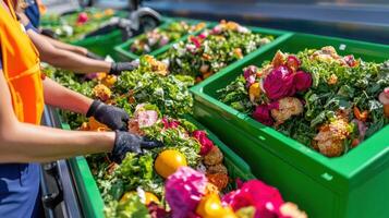 Workers recycle food waste in a facility, promoting sustainability and reducing environmental impact photo