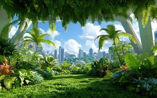 Innovative green roof design offering a lush urban retreat with skyline views under a sunny sky photo