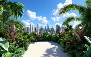 Rooftop garden oasis featuring lush greenery and stunning city skyline under a bright sunny sky photo