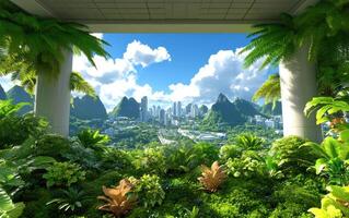Digital representation of a lush green roof with city skyline and mountains in the background on a sunny day photo