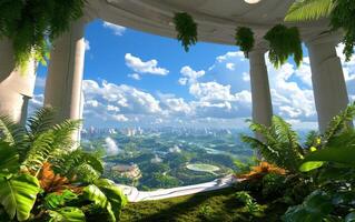 Urban oasis seen from a grand structure with green roof full of lush plants and stunning cityscape in the background photo