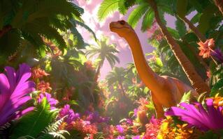 Vibrant prehistoric jungle with a brachiosaurus amidst lush tropical foliage photo