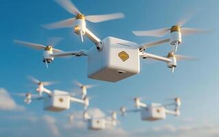 Fleet of autonomous delivery drones operating in clear blue sky above urban landscape photo