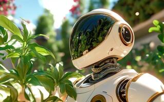 Futuristic AI robot gardening in a vibrant lush environment while planting flowers and nurturing nature photo