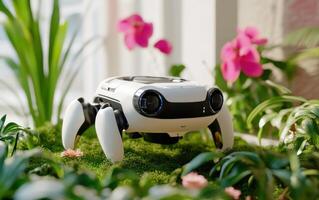 Futuristic AI robot tending to plants in a vibrant garden during daylight hours photo