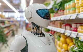 Futuristic grocery store features robots efficiently restocking shelves with various products photo