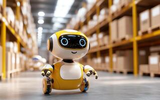 Futuristic warehouse showcases AI-driven robots efficiently managing inventory and logistics photo