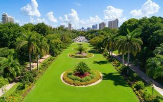 Lush green park with vibrant flowerbeds and palm trees under a bright blue sky in an urban setting photo