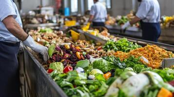 Recycling food waste at a busy facility with workers sorting organic materials and fresh produce photo