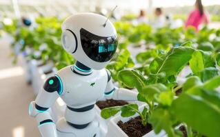 Humanoid robots tending to a vertical garden in a futuristic urban setting during daylight hours photo