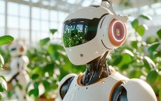 Humanoid robots coexist in a futuristic urban environment surrounded by greenery photo