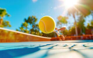 Dynamic view of a pickleball paddle in action during a sunny day at an outdoor court photo