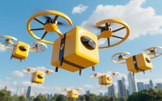 Fleet of autonomous delivery drones operating over a city park under clear blue skies photo