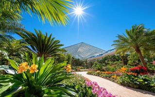 Futuristic botanical garden with vibrant flora and modern architecture under a bright sun photo