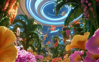 Futuristic botanical garden featuring vibrant flowers and advanced technology in an immersive environment photo