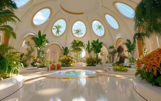 Futuristic garden blends modern design with ancient floral concepts in a serene environment photo