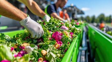 Workers sorting food waste at a recycling facility on a sunny day photo