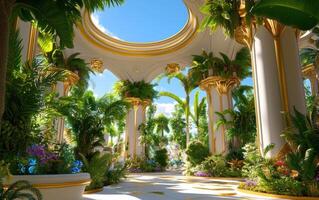 Lush garden design featuring ancient architectural elements and vibrant greenery in a dreamlike setting photo