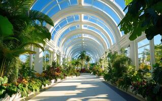 Futuristic garden intertwining nature and ancient architecture under a bright blue sky photo