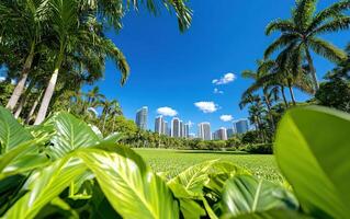 Urban park showcasing lush greenery and city skyline under a clear blue sky on a sunny day photo