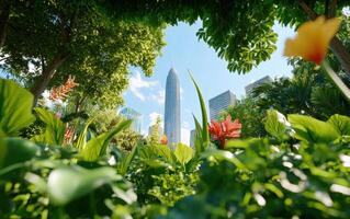 Misty urban botanical garden showcasing vibrant flora amidst towering skyscrapers and a clear blue sky photo