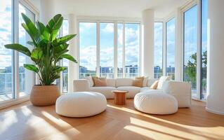 Large sagopalm adds a touch of nature to a minimalist living room with panoramic views and ample natural light in an urban setting photo