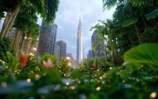 Misty urban botanical garden amidst skyscrapers at twilight with a towering landmark in the background photo