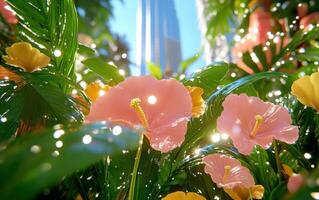 Mist envelops a vibrant urban botanical garden filled with blooming flowers amidst skyscrapers at golden hour photo