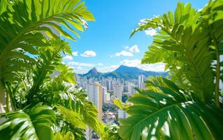 Cinematic view of towering ferns with a backdrop of a vibrant city and majestic mountains under a bright blue sky photo