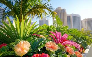 Lush prehistoric flora surrounded by modern skyscrapers in a vibrant urban setting during bright daylight photo